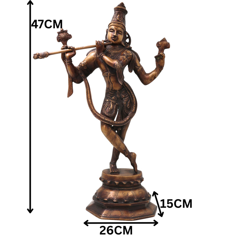 Brass Lord Krishna Idol Handcrafted Murti Traditional Venugopala Chola Style Statue for Pooja, Home Decor & Gifting, Gold, 18.5 Inch, 1 Piece