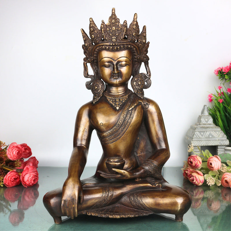 Brass Crown Gautama Buddha Idol Handcrafted Statue for Home Decor, Meditation, Vastu & Spiritual Gifting, Gold, 14 Inch, 1 Piece