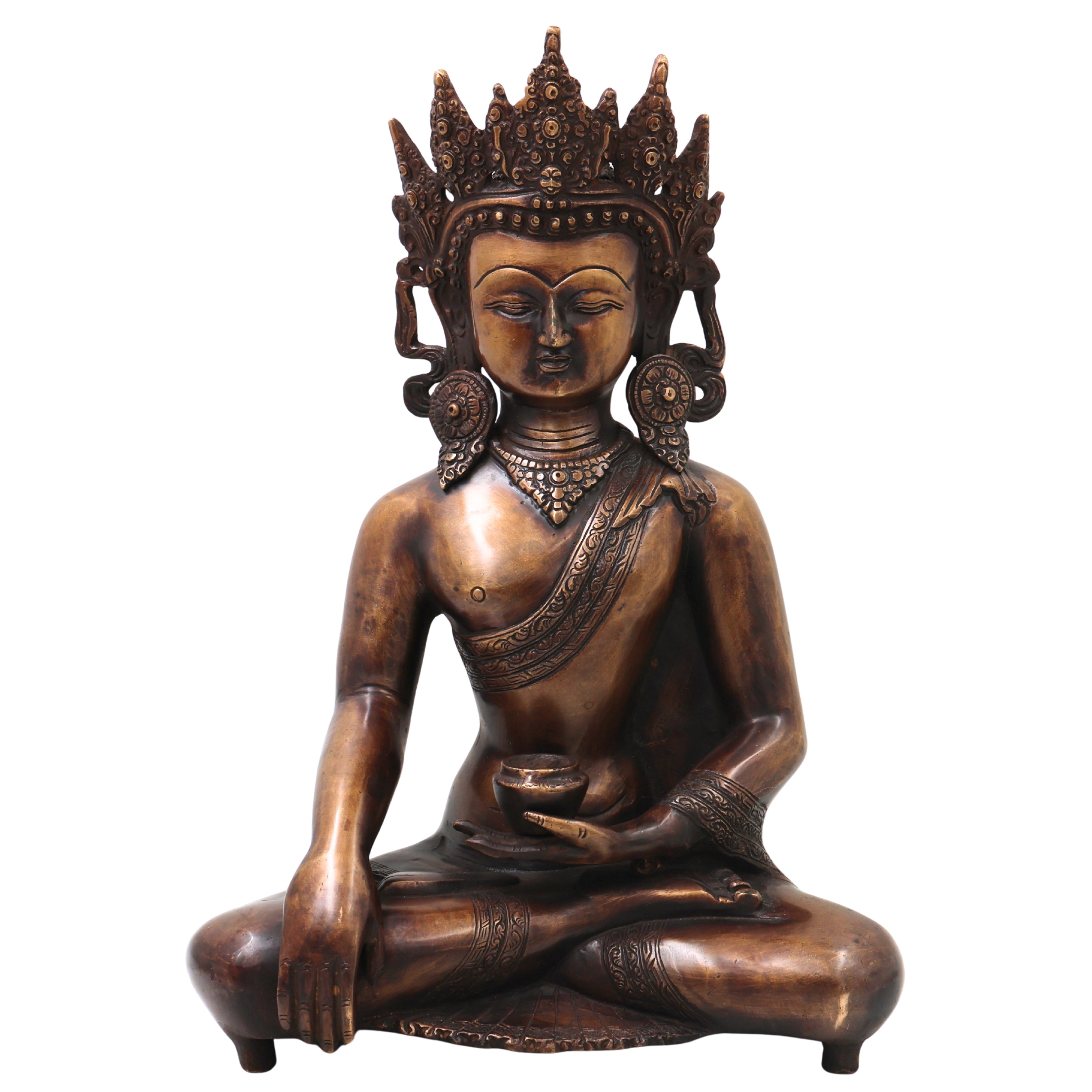 Brass Crown Gautama Buddha Idol Handcrafted Statue for Home Decor, Meditation, Vastu & Spiritual Gifting, Gold, 14 Inch, 1 Piece