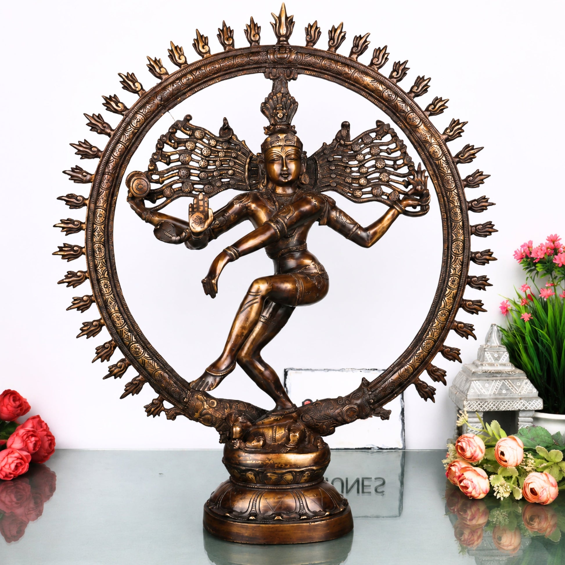 Brass Nataraja Idol, Handcrafted Lord Shiva Cosmic Dancer Chola Style Murti for Pooja, Home Decor & Gifting, Gold, 20 Inch, 1 Piece