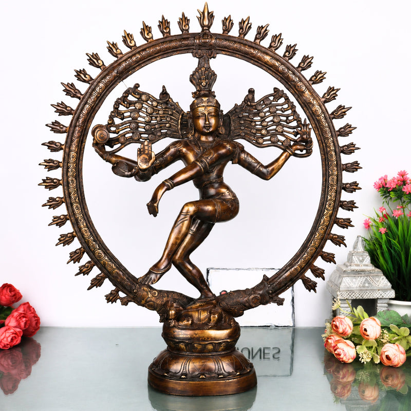 Brass Nataraja Idol, Handcrafted Lord Shiva Cosmic Dancer Chola Style Murti for Pooja, Home Decor & Gifting, Gold, 20 Inch, 1 Piece