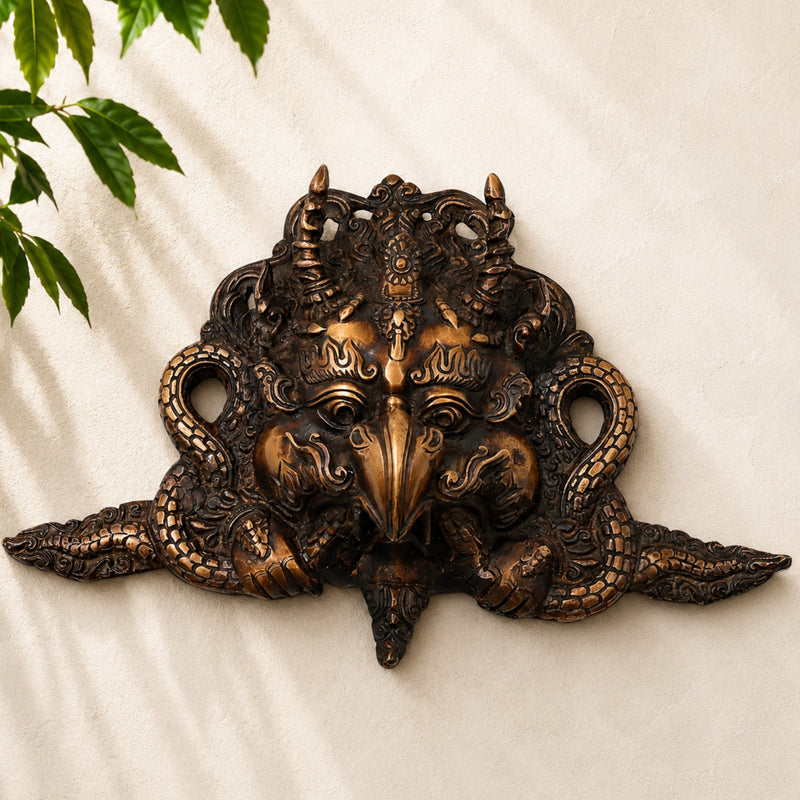 Brass Garuda Face Wall Decor,Handcrafted  Vainateya Vishnu Vahana Traditional Chola Sculpture for Gifting & Home, Gold, 7.5 Inch, 1 Piece