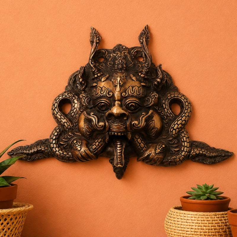 Handcrafted Brass Kaal Bhairava Face Sculpture, Traditional Bhairav Wall Hanging for Pooja, Vastu & Temple Decor, Gold, 7.5 Inch, 1 Piece