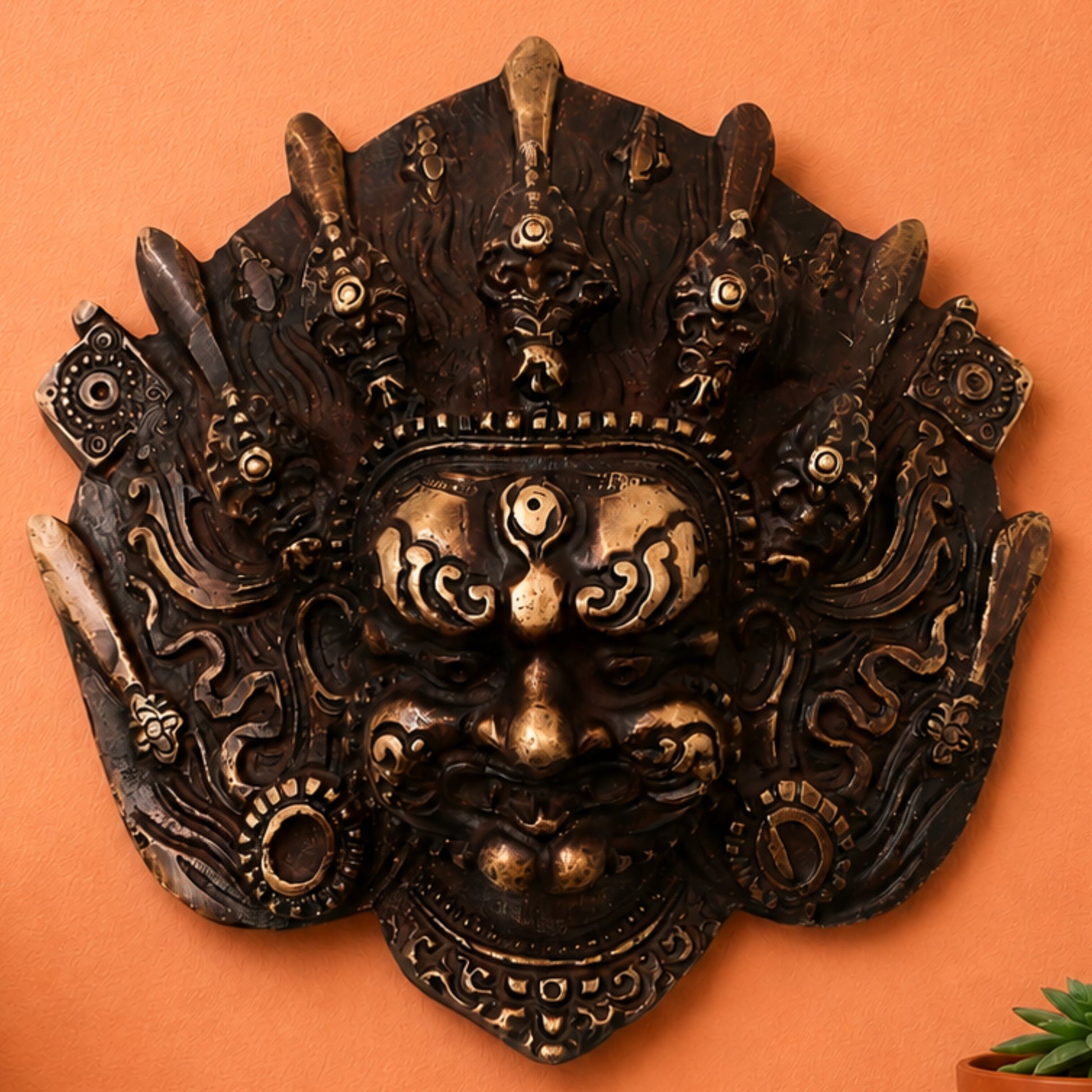 Brass Kala Bhairava Face Sculpture, Handcrafted Bhairava Wall Decor Mask for Pooja, Temple & Vastu, Gold, 5 Inch, 1 Piece