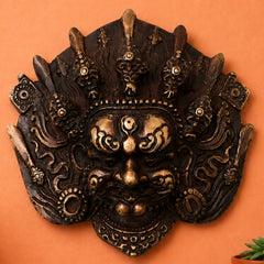 Brass Kala Bhairava Face Sculpture, Handcrafted Bhairava Wall Decor Mask for Pooja, Temple & Vastu, Gold, 5 Inch, 1 Piece