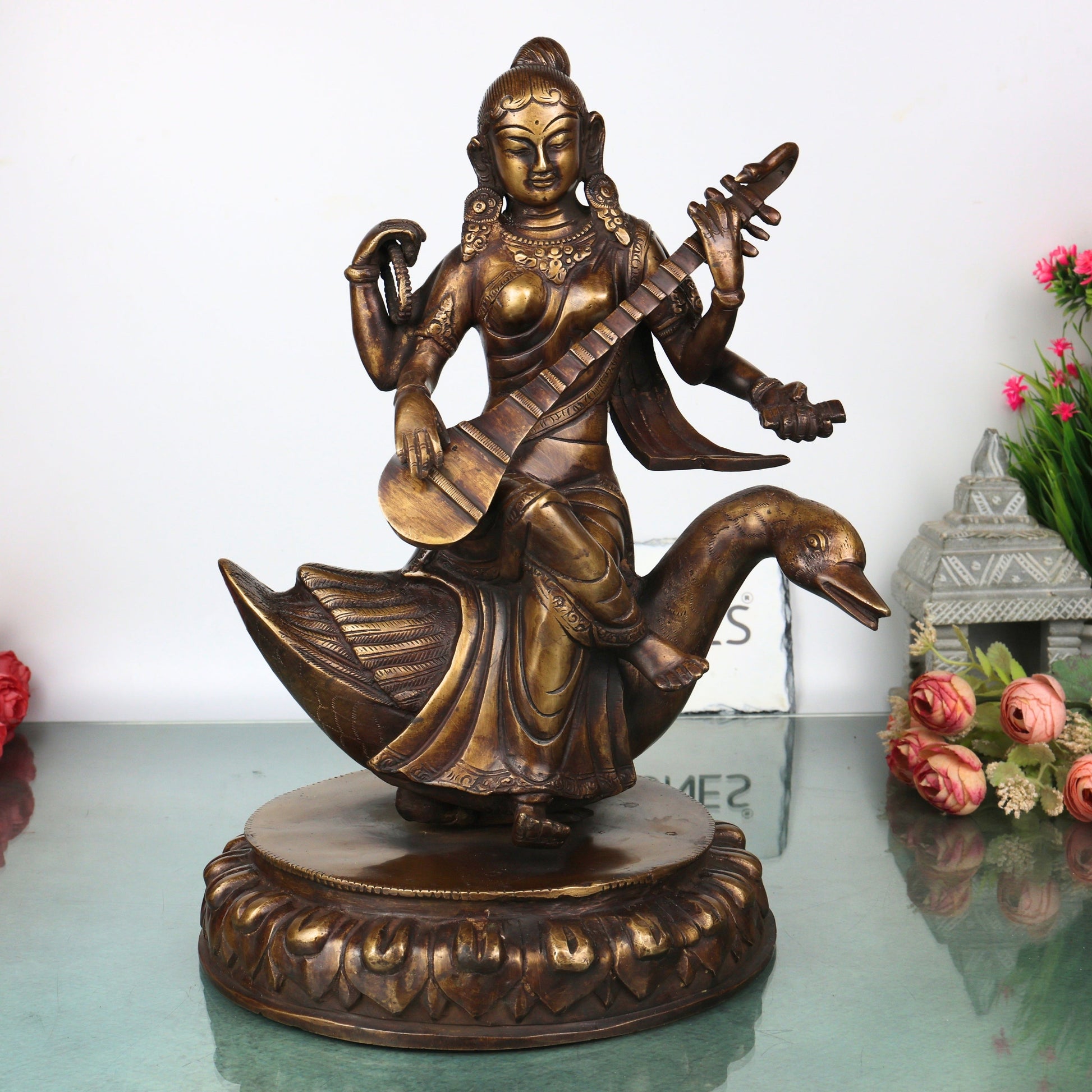 Brass Saraswati On Swan Idol, Handcrafted Hamsavahini Vagdevi Murti for Pooja, Home Decor & Gifting, Gold, 14.5 Inch, 1 Piece