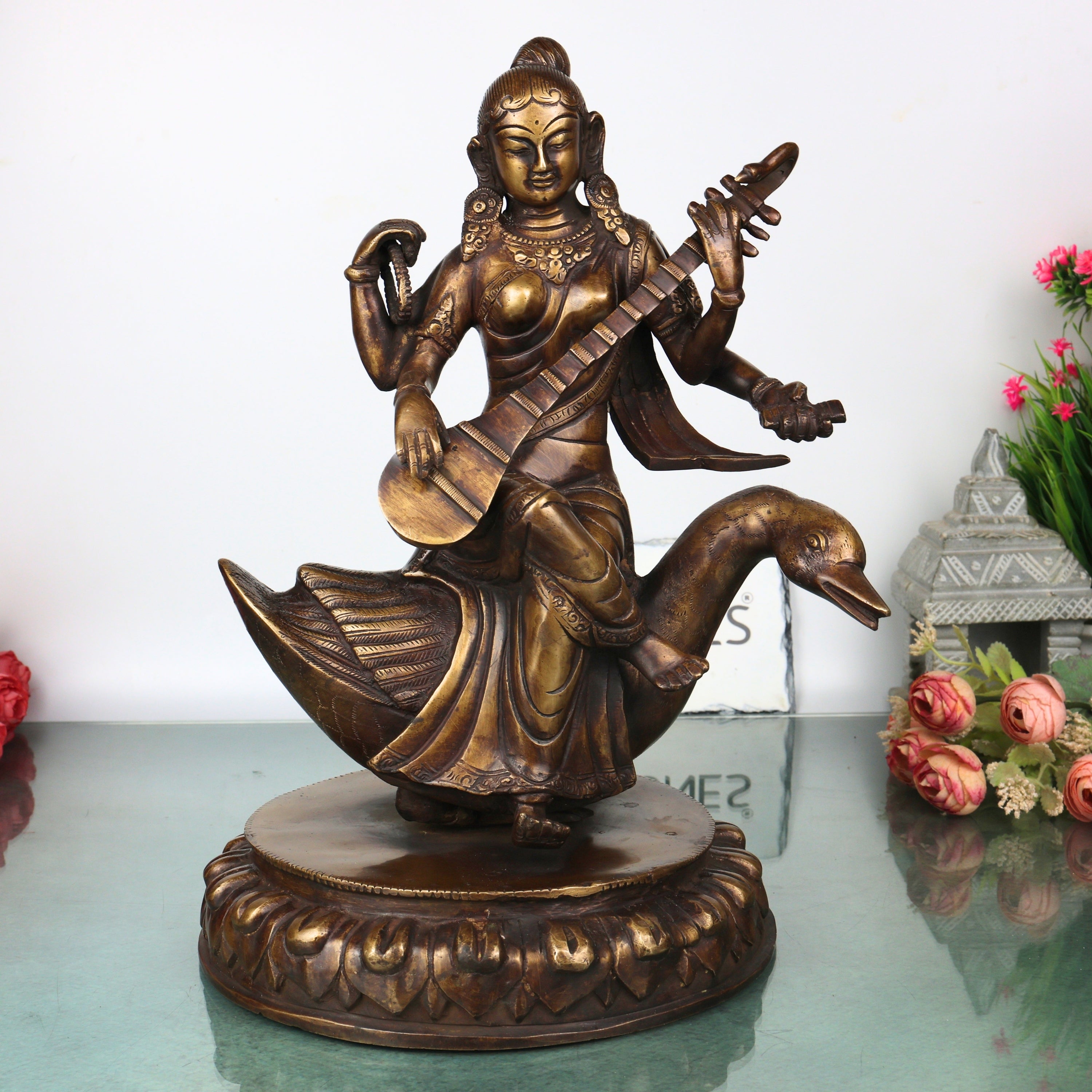 Brass Saraswati On Swan Idol, Handcrafted Hamsavahini Vagdevi Murti for Pooja, Home Decor & Gifting, Gold, 14.5 Inch, 1 Piece