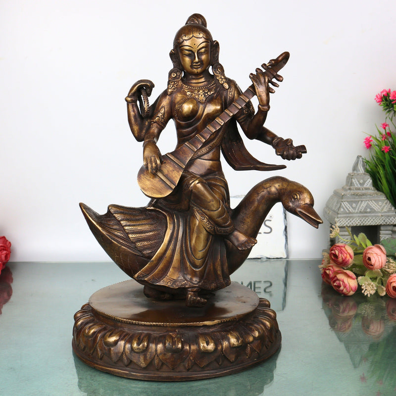 Brass Saraswati On Swan Idol, Handcrafted Hamsavahini Vagdevi Murti for Pooja, Home Decor & Gifting, Gold, 14.5 Inch, 1 Piece