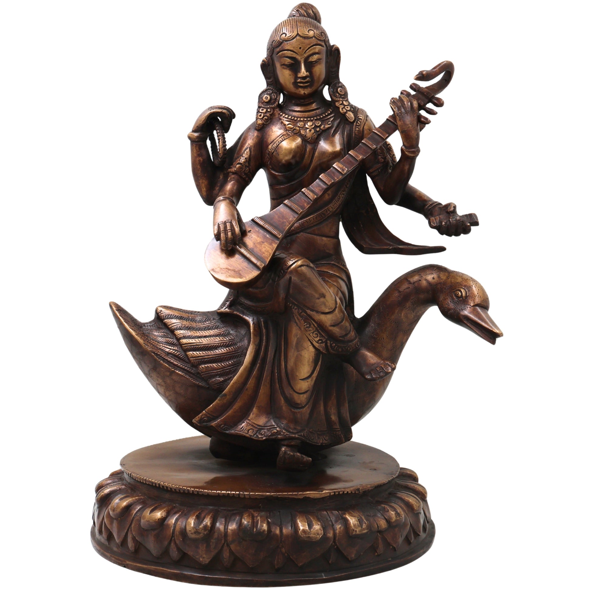 Brass Saraswati On Swan Idol, Handcrafted Hamsavahini Vagdevi Murti for Pooja, Home Decor & Gifting, Gold, 14.5 Inch, 1 Piece