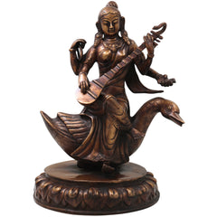 Brass Saraswati On Swan Idol, Handcrafted Hamsavahini Vagdevi Murti for Pooja, Home Decor & Gifting, Gold, 14.5 Inch, 1 Piece
