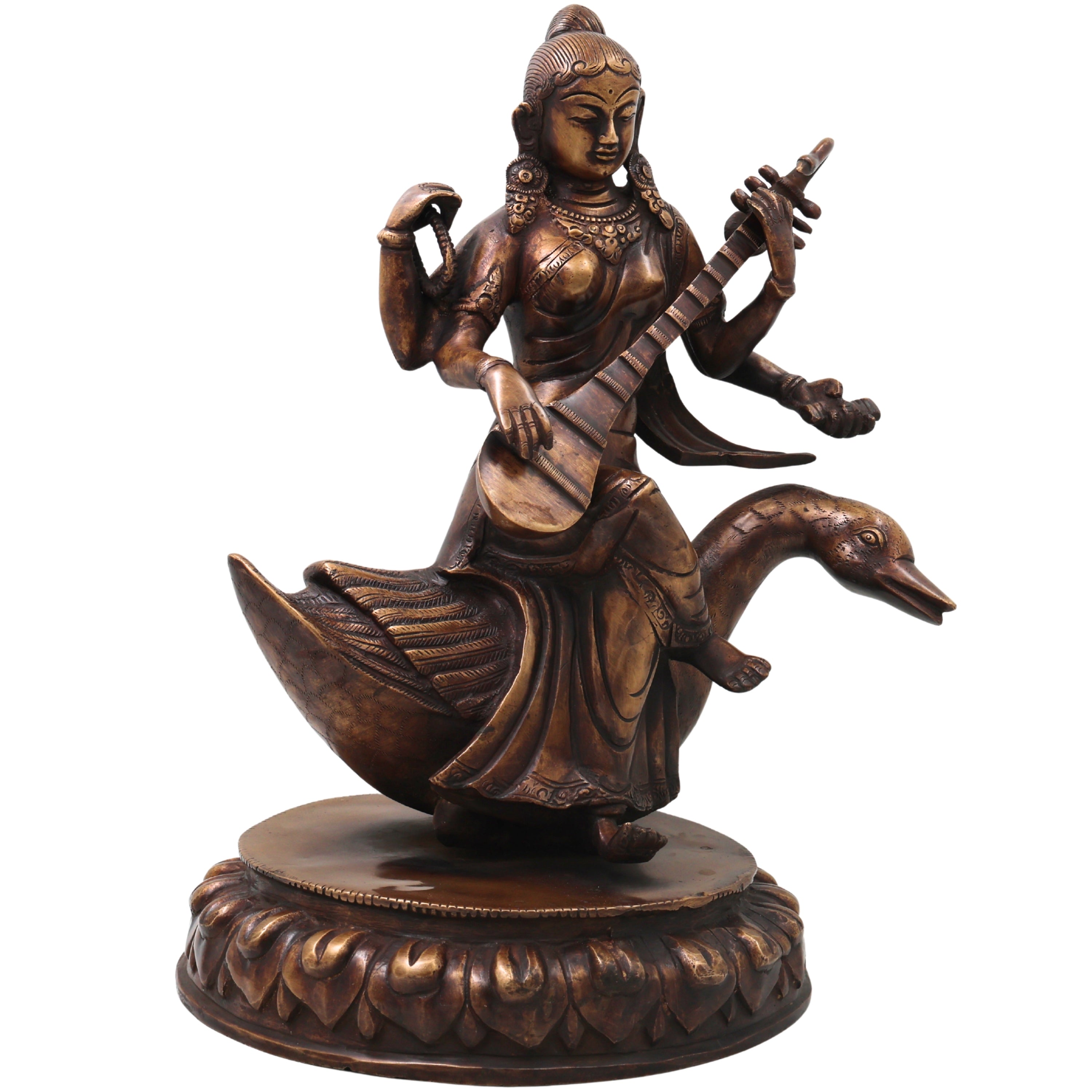 Brass Saraswati On Swan Idol, Handcrafted Hamsavahini Vagdevi Murti for Pooja, Home Decor & Gifting, Gold, 14.5 Inch, 1 Piece