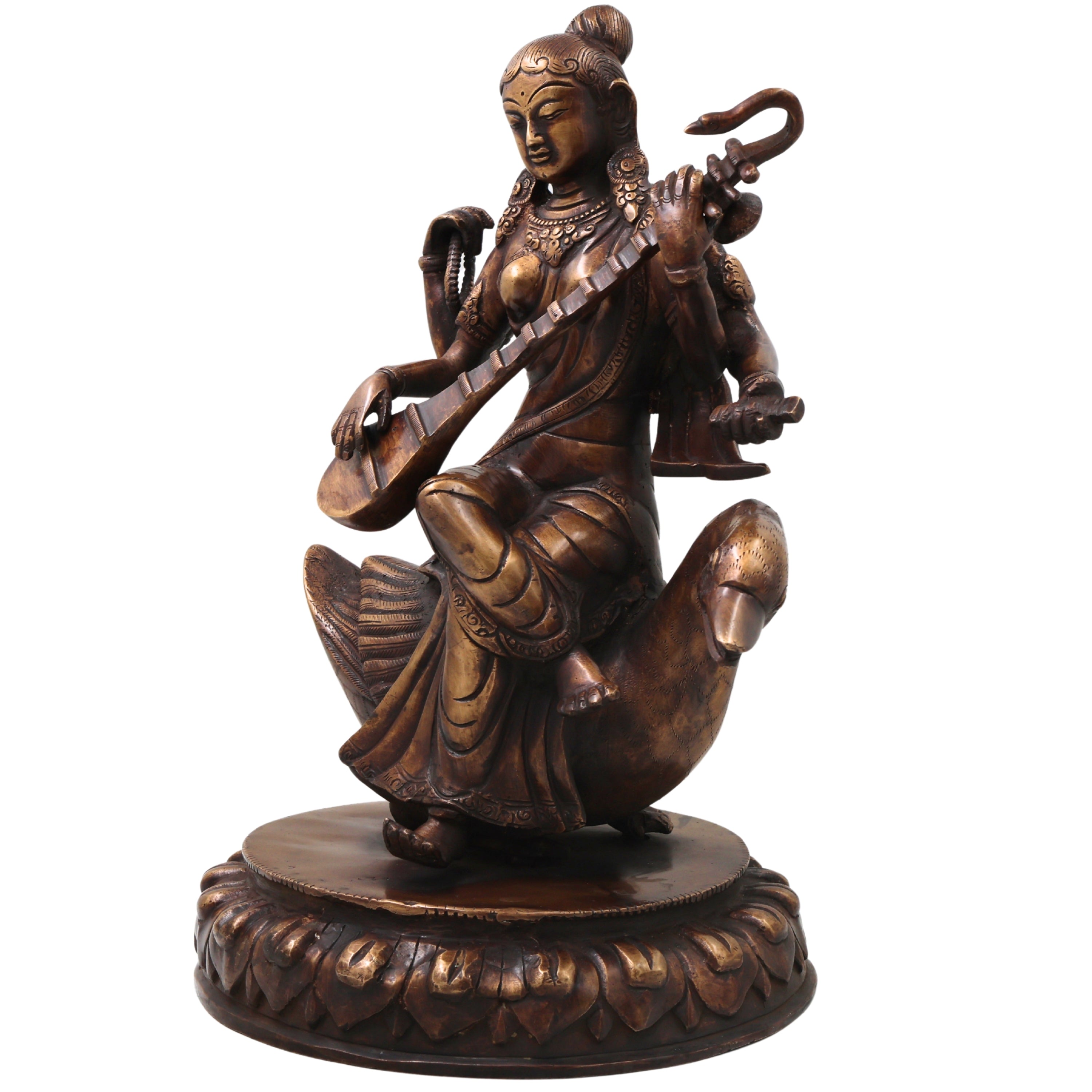 Brass Saraswati On Swan Idol, Handcrafted Hamsavahini Vagdevi Murti for Pooja, Home Decor & Gifting, Gold, 14.5 Inch, 1 Piece