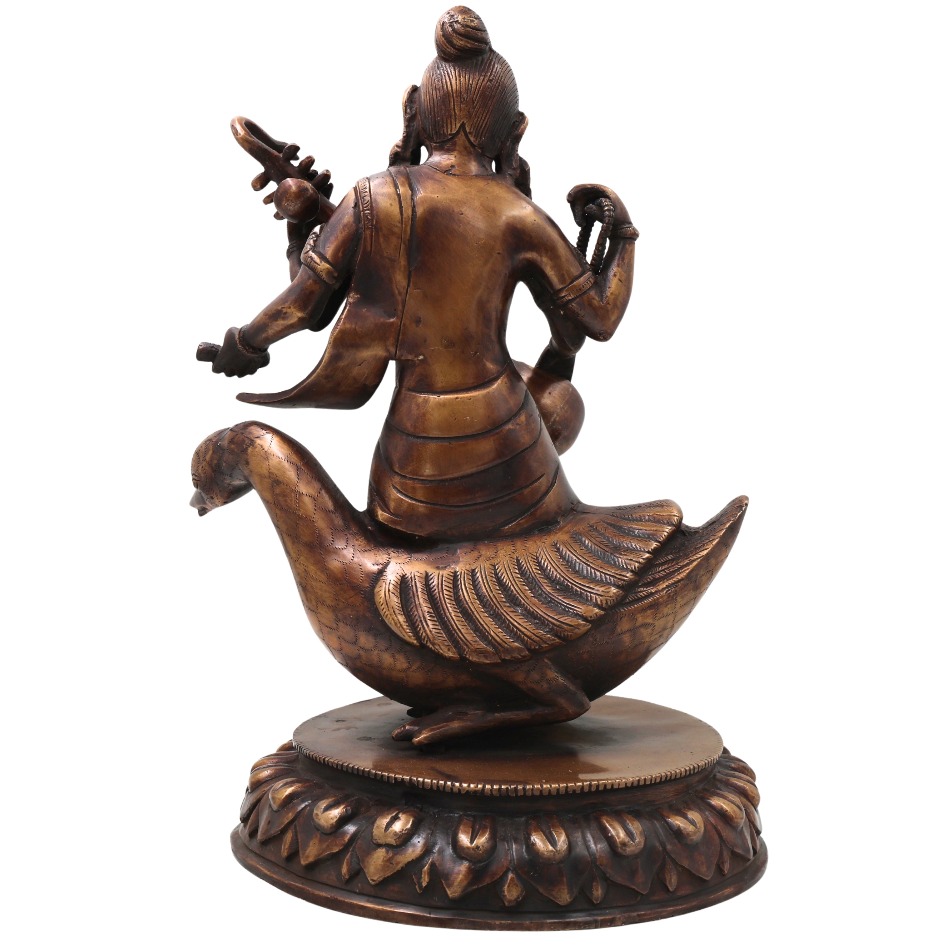 Brass Saraswati On Swan Idol, Handcrafted Hamsavahini Vagdevi Murti for Pooja, Home Decor & Gifting, Gold, 14.5 Inch, 1 Piece