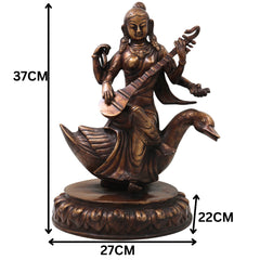 Brass Saraswati On Swan Idol, Handcrafted Hamsavahini Vagdevi Murti for Pooja, Home Decor & Gifting, Gold, 14.5 Inch, 1 Piece