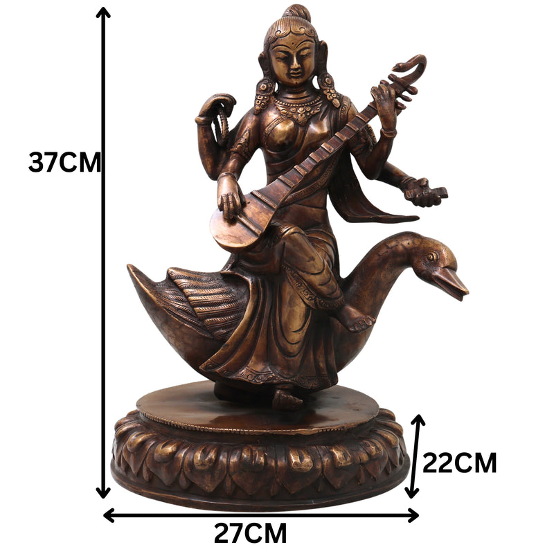 Brass Saraswati On Swan Idol, Handcrafted Hamsavahini Vagdevi Murti for Pooja, Home Decor & Gifting, Gold, 14.5 Inch, 1 Piece