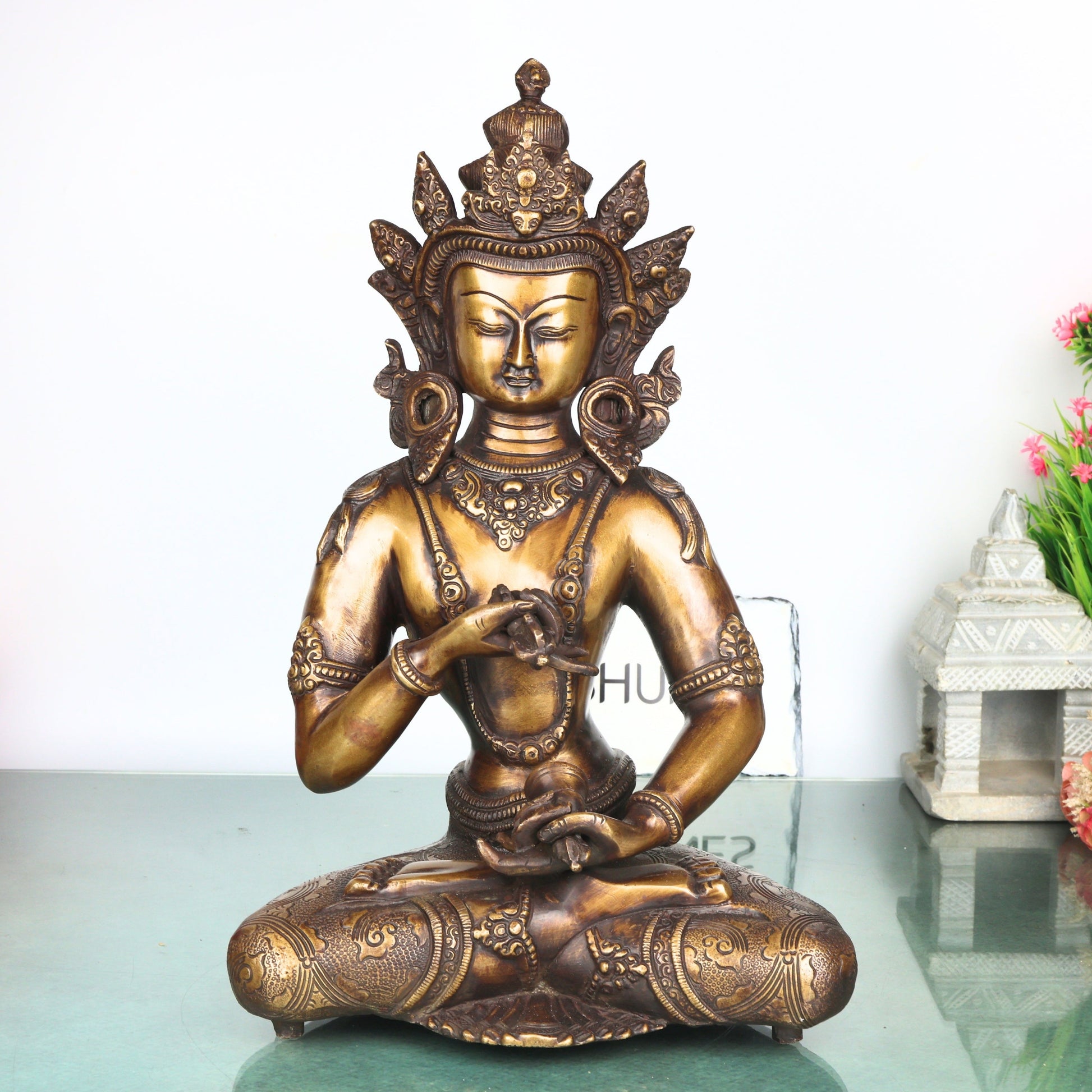 Brass Vajrasattva Murti Statue, Handcrafted Dorje Sempa Buddhist Idol for Pooja, Home Decor & Gifting, Gold, 15.5 Inch, 1 Piece