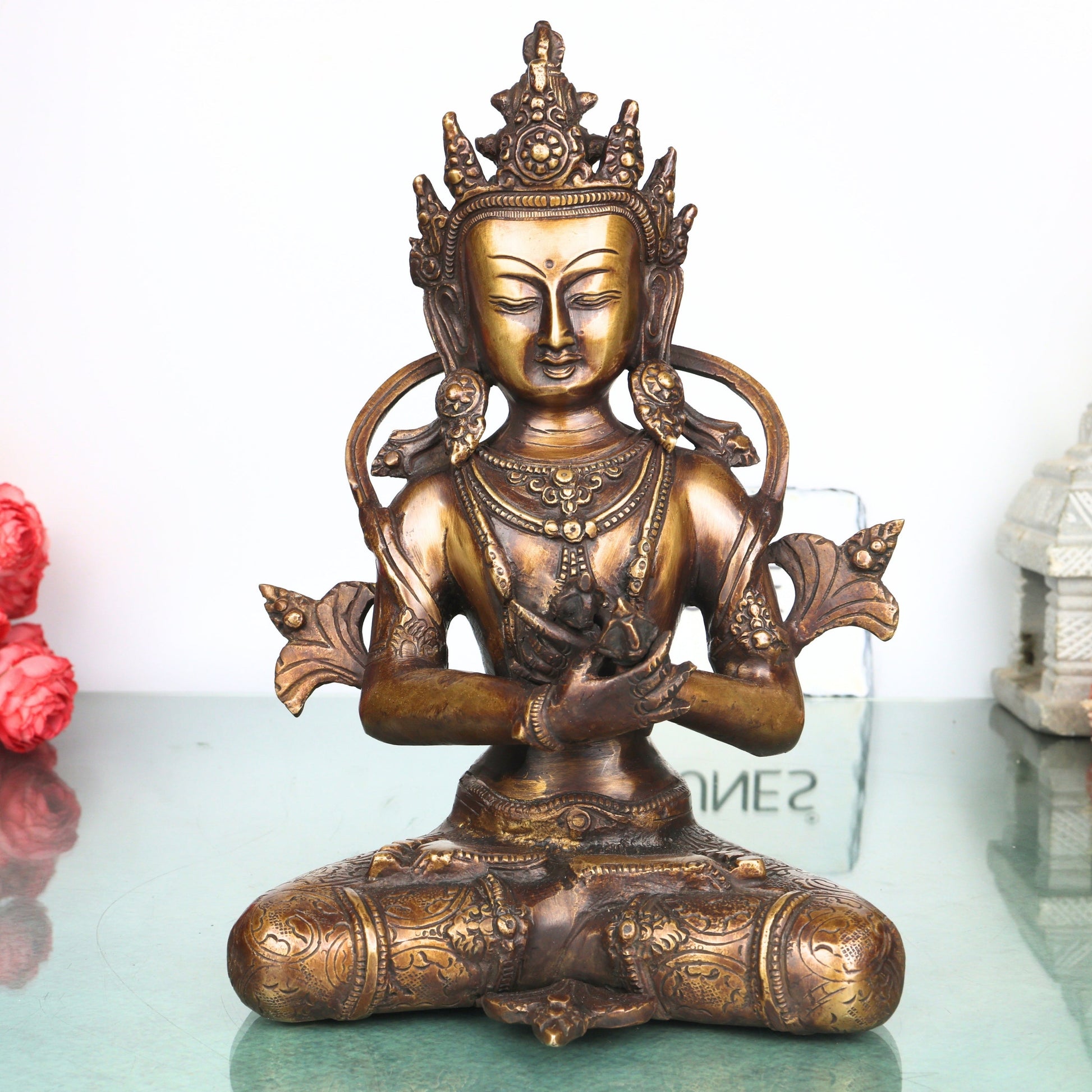 Brass Vajradhara Idol Murti Handcrafted  Adi Buddha Dorje Chang Statue for Pooja, Home Decor & Gifting, Gold, 11 Inch, 1 Piece