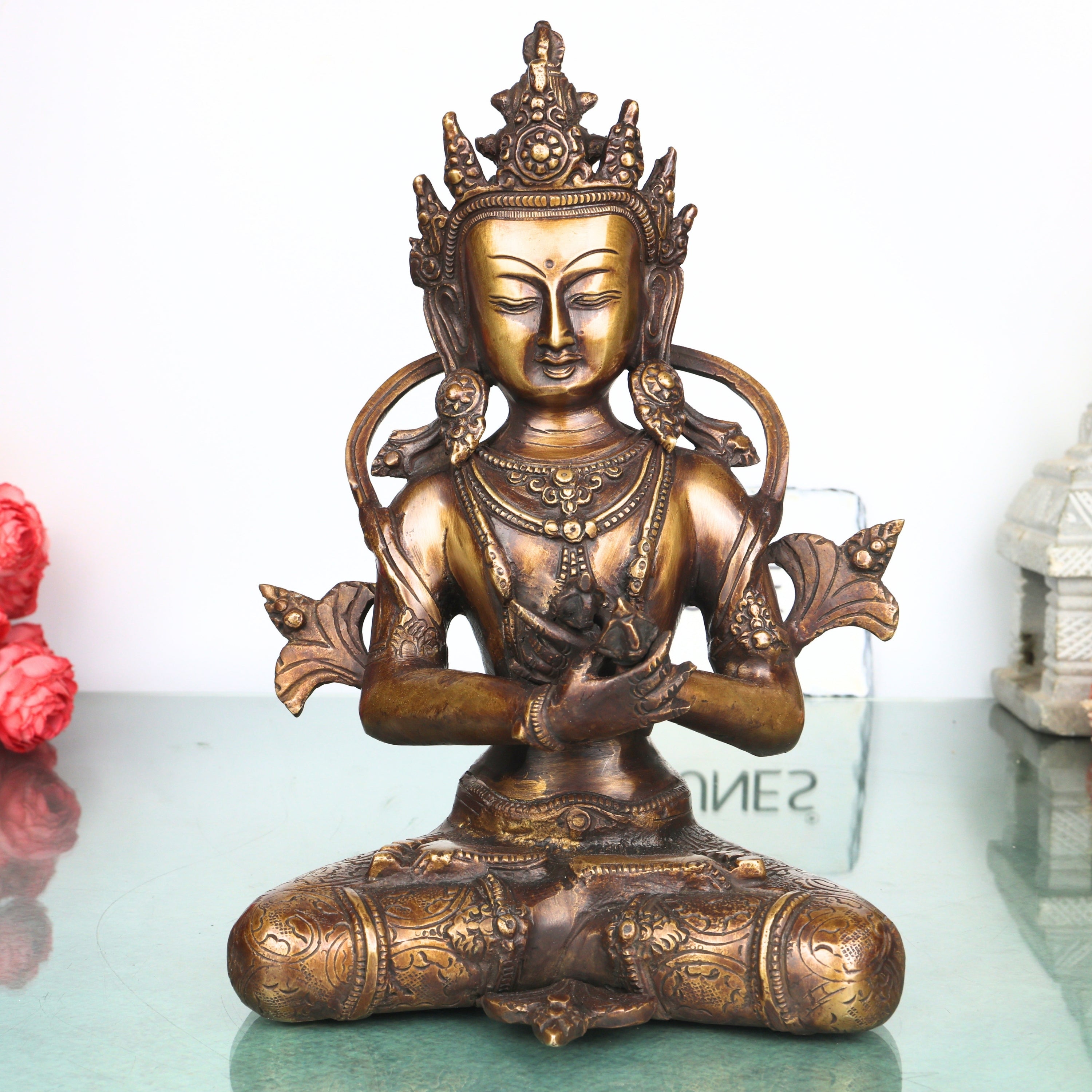 Brass Vajradhara Idol Murti Handcrafted  Adi Buddha Dorje Chang Statue for Pooja, Home Decor & Gifting, Gold, 11 Inch, 1 Piece