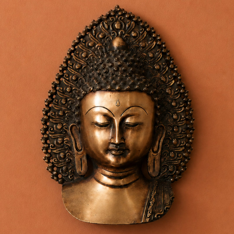 Brass Buddha Face Wall Decor, Gautama Enlightenment Murti for Home, Pooja, Gifting, Handcrafted Traditional Chola Art, Gold, 14 Inch, 1 Piece