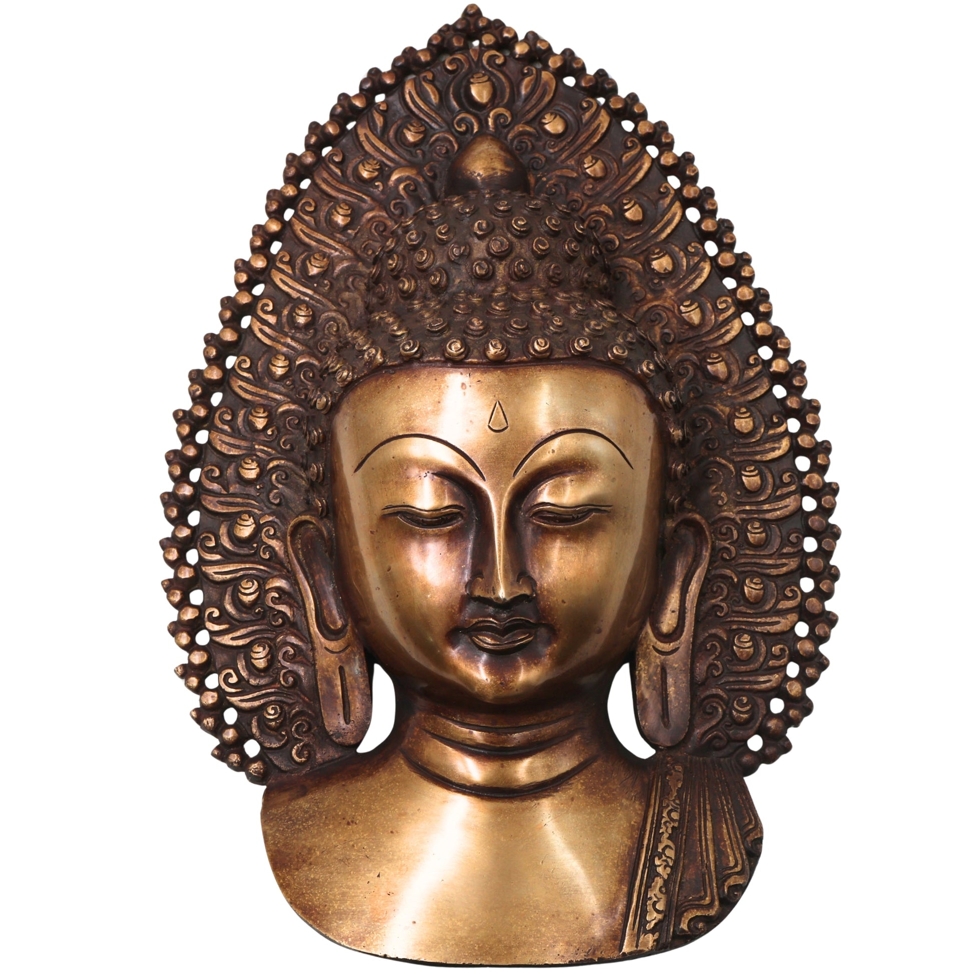 Brass Buddha Face Wall Decor, Gautama Enlightenment Murti for Home, Pooja, Gifting, Handcrafted Traditional Chola Art, Gold, 14 Inch, 1 Piece