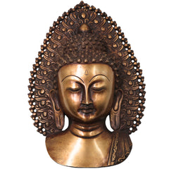 Brass Buddha Face Wall Decor, Gautama Enlightenment Murti for Home, Pooja, Gifting, Handcrafted Traditional Chola Art, Gold, 14 Inch, 1 Piece