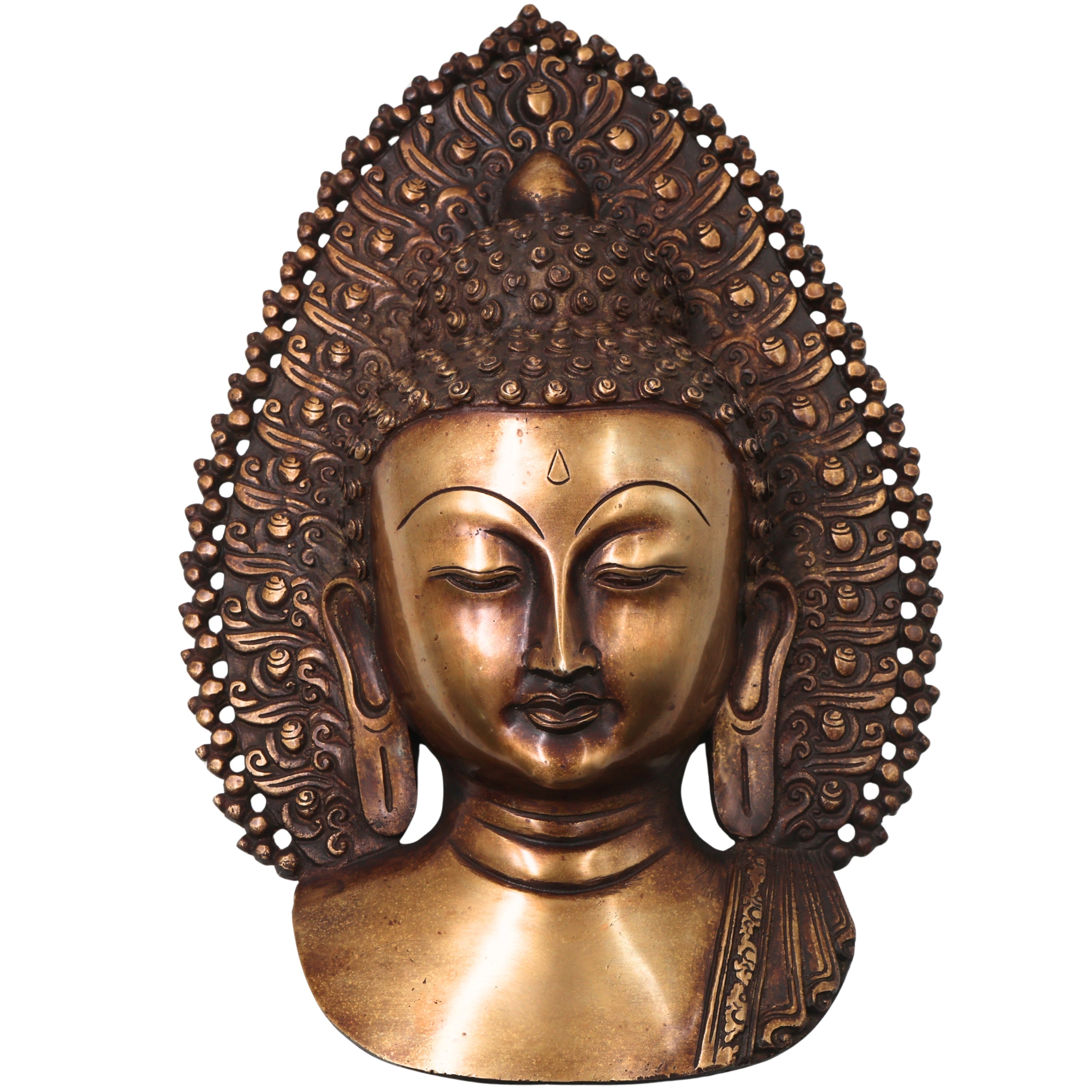 Brass Buddha Face Wall Decor, Gautama Enlightenment Murti for Home, Pooja, Gifting, Handcrafted Traditional Chola Art, Gold, 14 Inch, 1 Piece