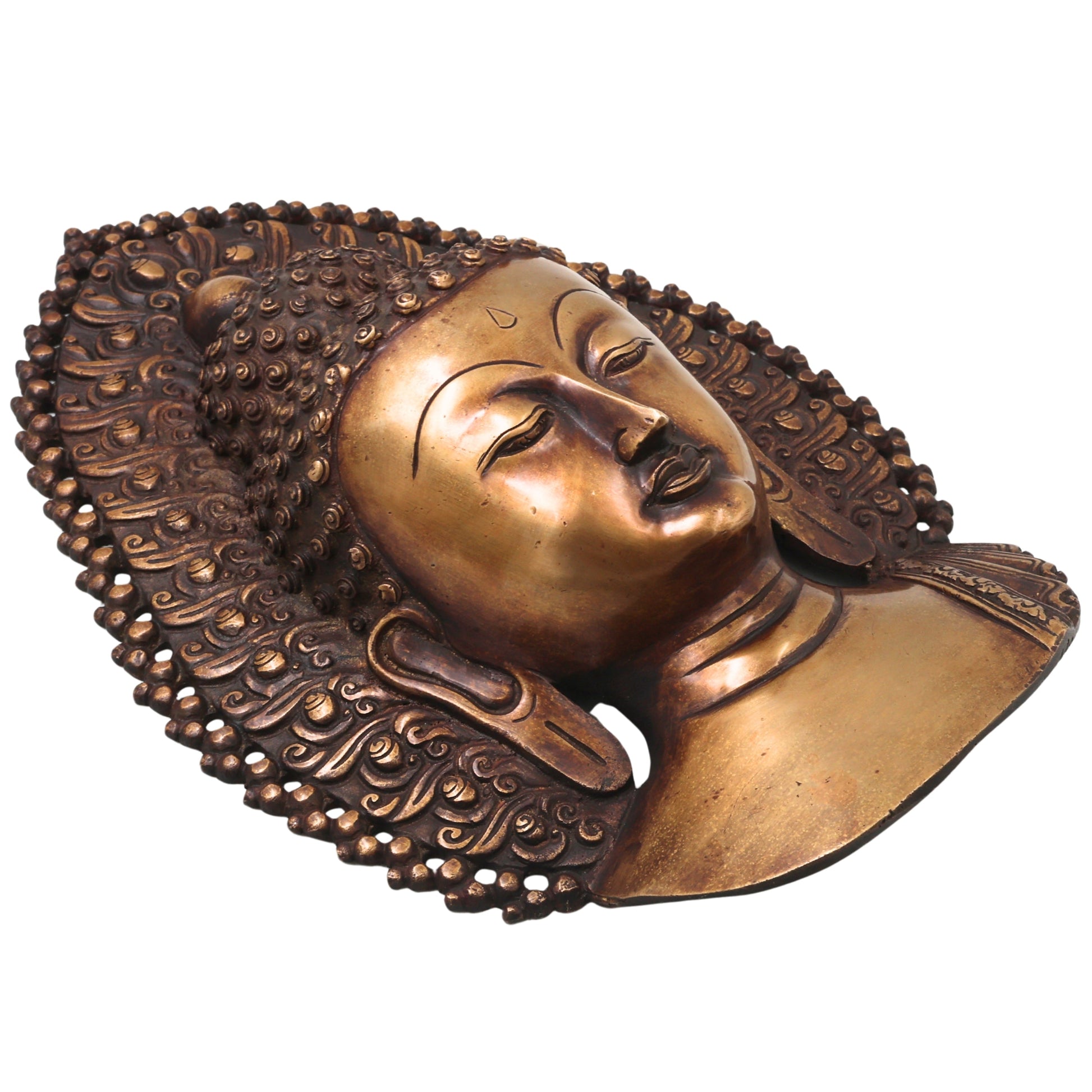 Brass Buddha Face Wall Decor, Gautama Enlightenment Murti for Home, Pooja, Gifting, Handcrafted Traditional Chola Art, Gold, 14 Inch, 1 Piece