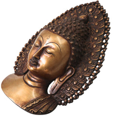 Brass Buddha Face Wall Decor, Gautama Enlightenment Murti for Home, Pooja, Gifting, Handcrafted Traditional Chola Art, Gold, 14 Inch, 1 Piece