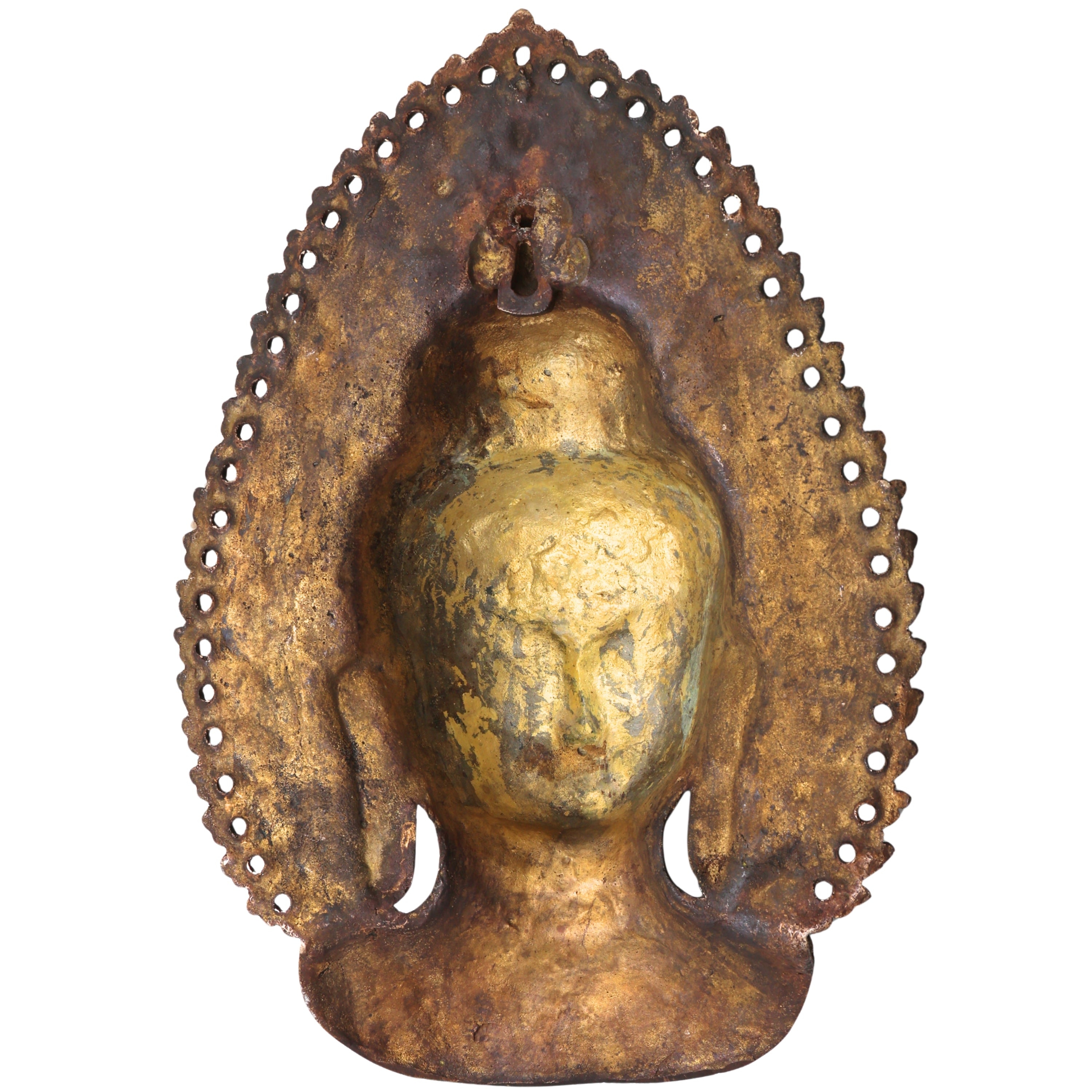 Brass Buddha Face Wall Decor, Gautama Enlightenment Murti for Home, Pooja, Gifting, Handcrafted Traditional Chola Art, Gold, 14 Inch, 1 Piece