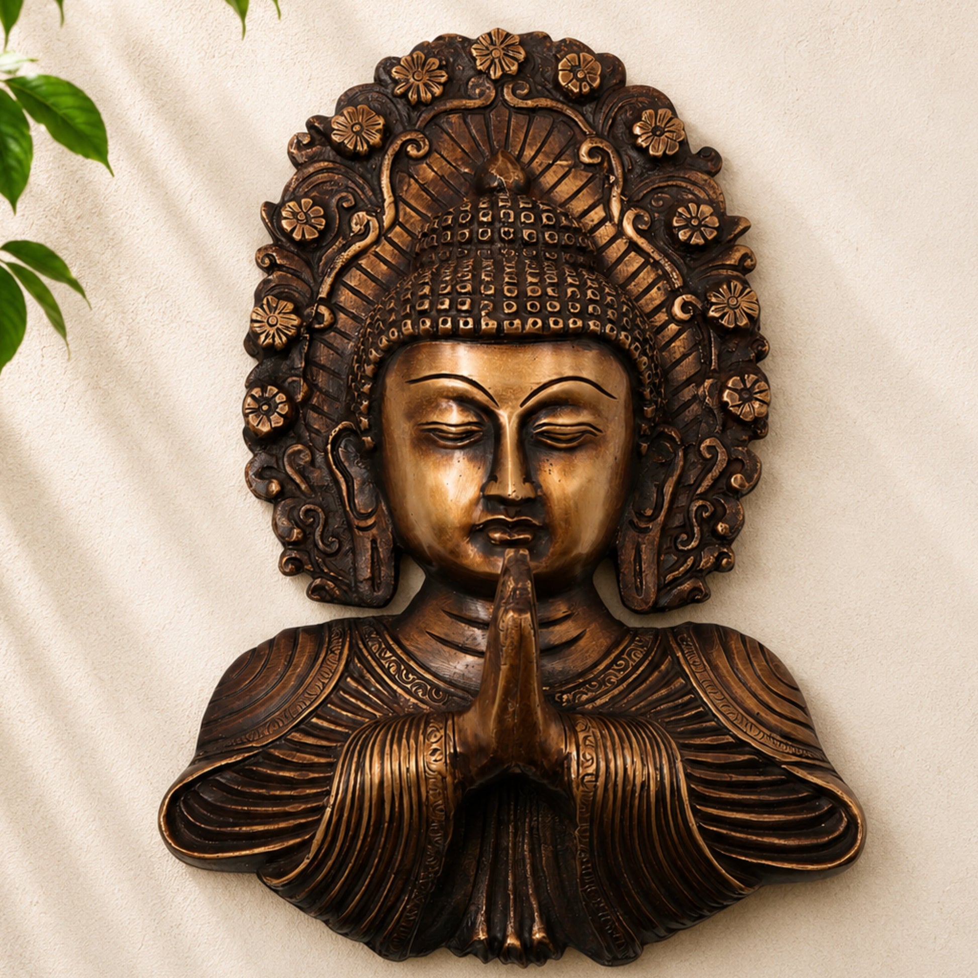 Handcrafted Brass Buddha Face Wall Decor, Gautama Shakyamuni Spiritual Home Décor, Pooja & Gifting Art, Gold, 8.5 Inch, 1 Piece