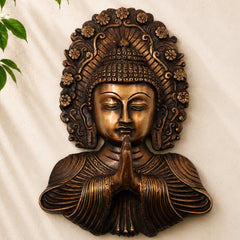 Handcrafted Brass Buddha Face Wall Decor, Gautama Shakyamuni Spiritual Home Décor, Pooja & Gifting Art, Gold, 8.5 Inch, 1 Piece