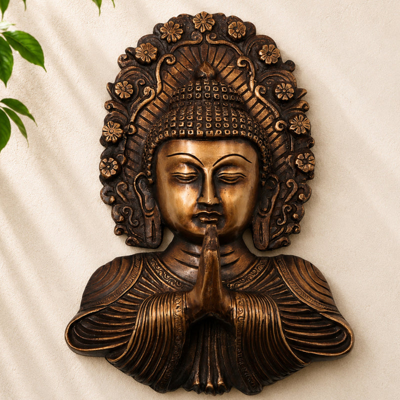 Handcrafted Brass Buddha Face Wall Decor, Gautama Shakyamuni Spiritual Home Décor, Pooja & Gifting Art, Gold, 8.5 Inch, 1 Piece