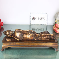 Brass Sleeping Buddha Idol Handcrafted Reclining Nirvana Statue Traditional Buddhist Home Decor Pooja Gift, Gold, 10.5 Inch, 1 Piece