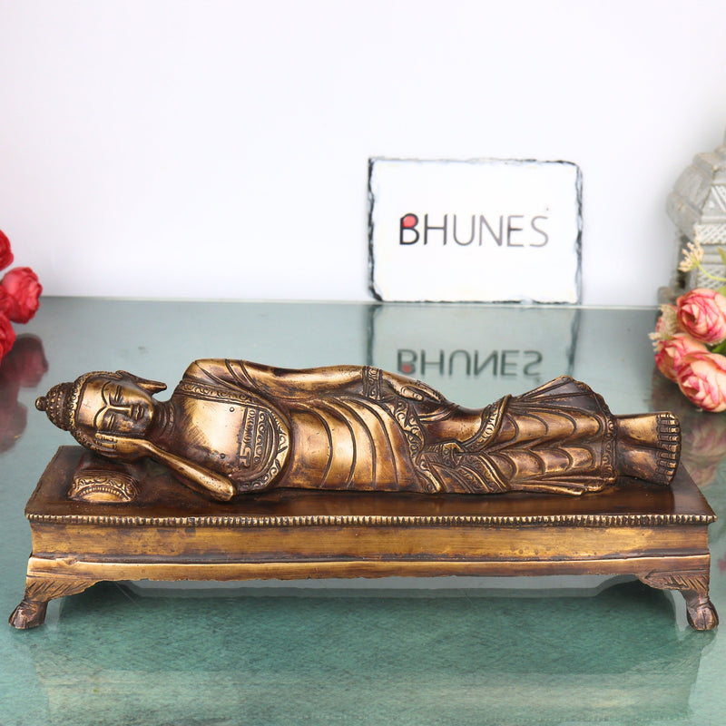 Brass Sleeping Buddha Idol Handcrafted Reclining Nirvana Statue Traditional Buddhist Home Decor Pooja Gift, Gold, 10.5 Inch, 1 Piece