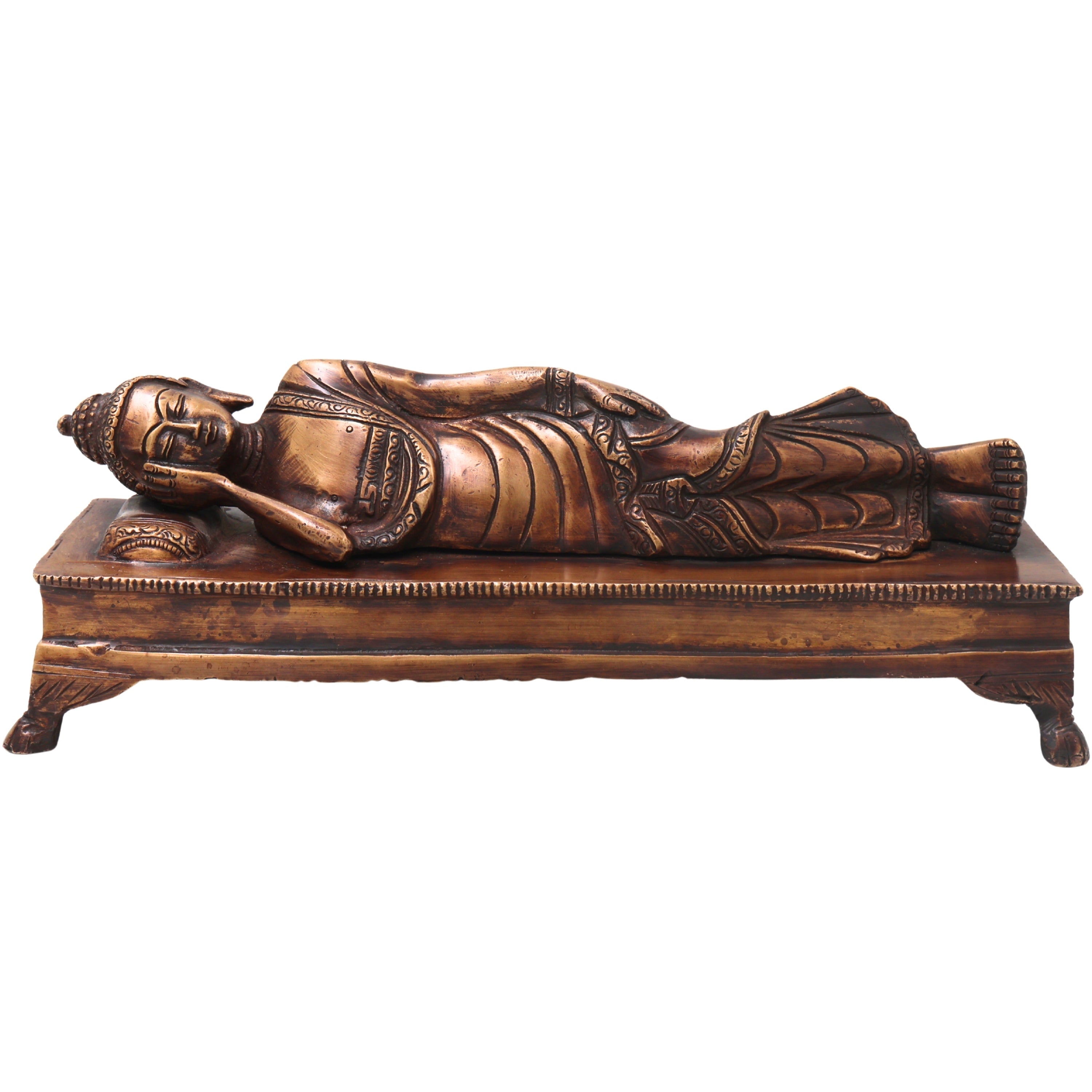 Brass Sleeping Buddha Idol Handcrafted Reclining Nirvana Statue Traditional Buddhist Home Decor Pooja Gift, Gold, 10.5 Inch, 1 Piece