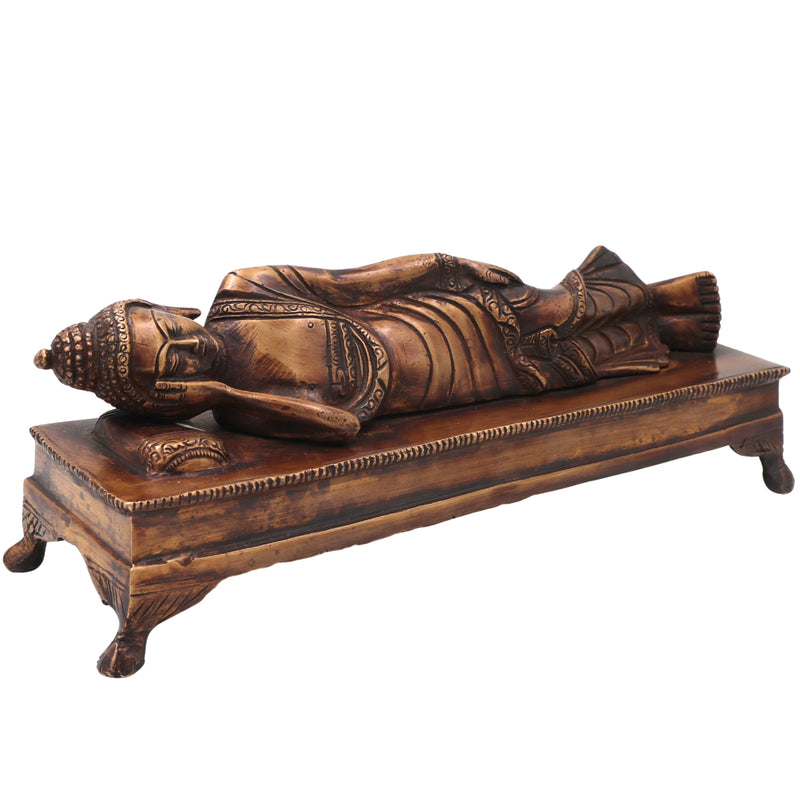 Brass Sleeping Buddha Idol Handcrafted Reclining Nirvana Statue Traditional Buddhist Home Decor Pooja Gift, Gold, 10.5 Inch, 1 Piece