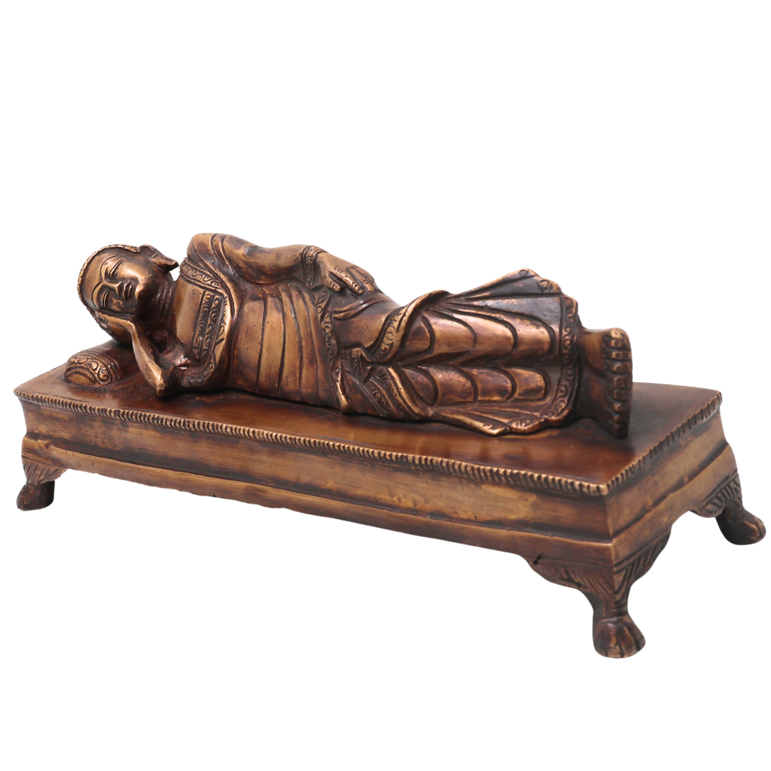 Brass Sleeping Buddha Idol Handcrafted Reclining Nirvana Statue Traditional Buddhist Home Decor Pooja Gift, Gold, 10.5 Inch, 1 Piece