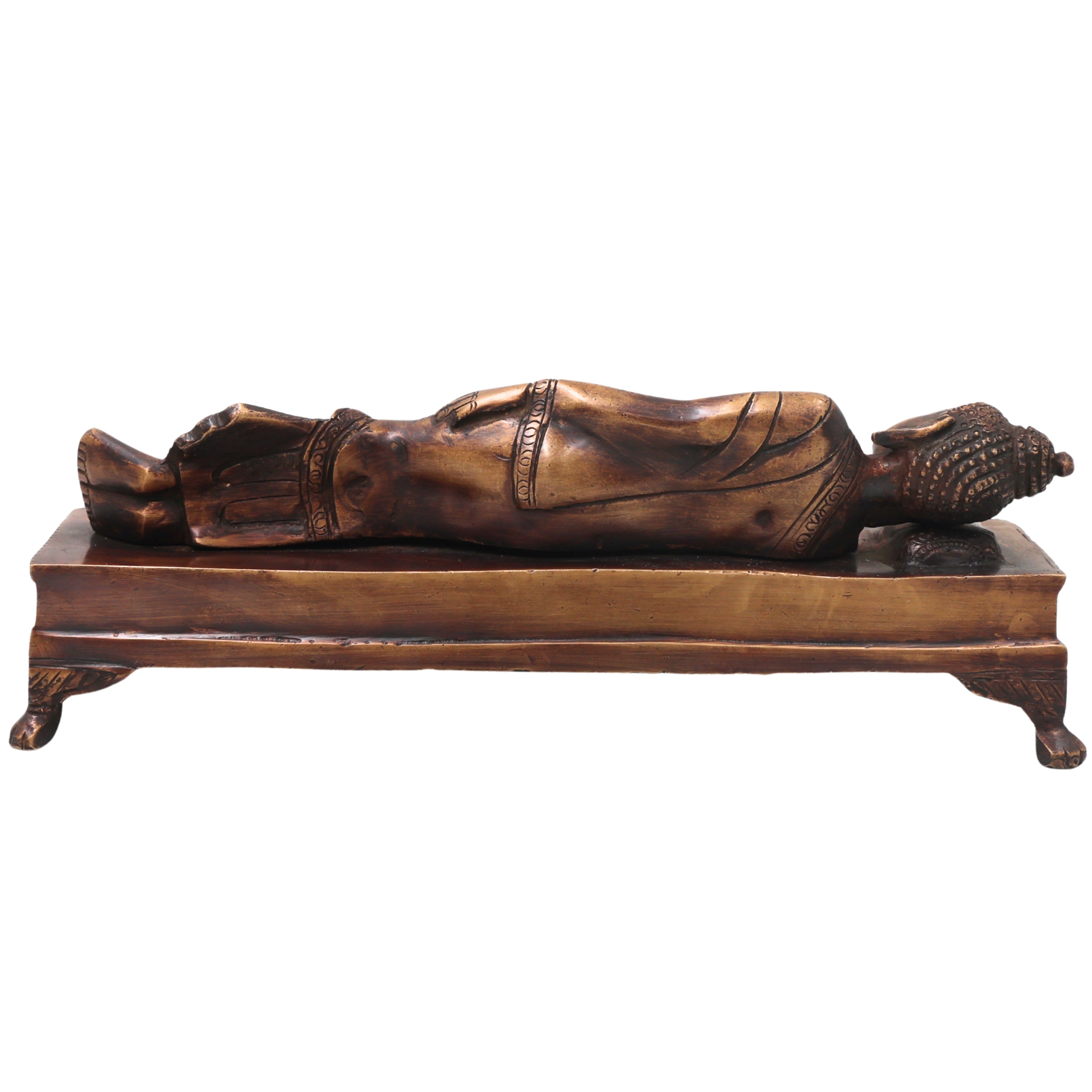 Brass Sleeping Buddha Idol Handcrafted Reclining Nirvana Statue Traditional Buddhist Home Decor Pooja Gift, Gold, 10.5 Inch, 1 Piece