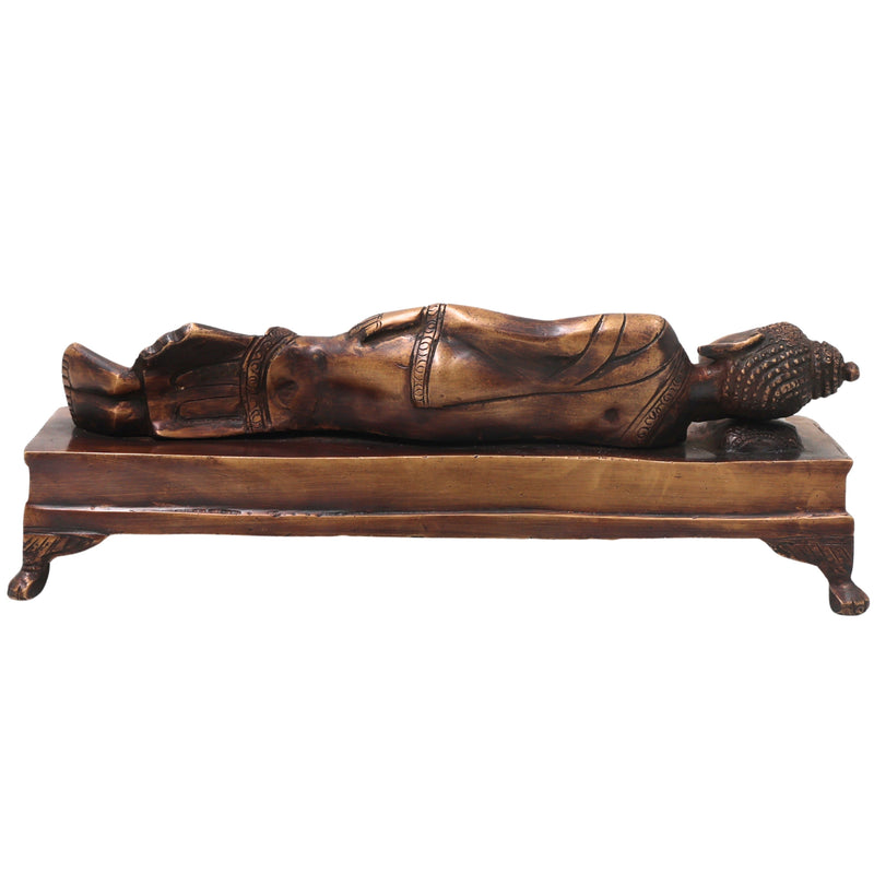 Brass Sleeping Buddha Idol Handcrafted Reclining Nirvana Statue Traditional Buddhist Home Decor Pooja Gift, Gold, 10.5 Inch, 1 Piece