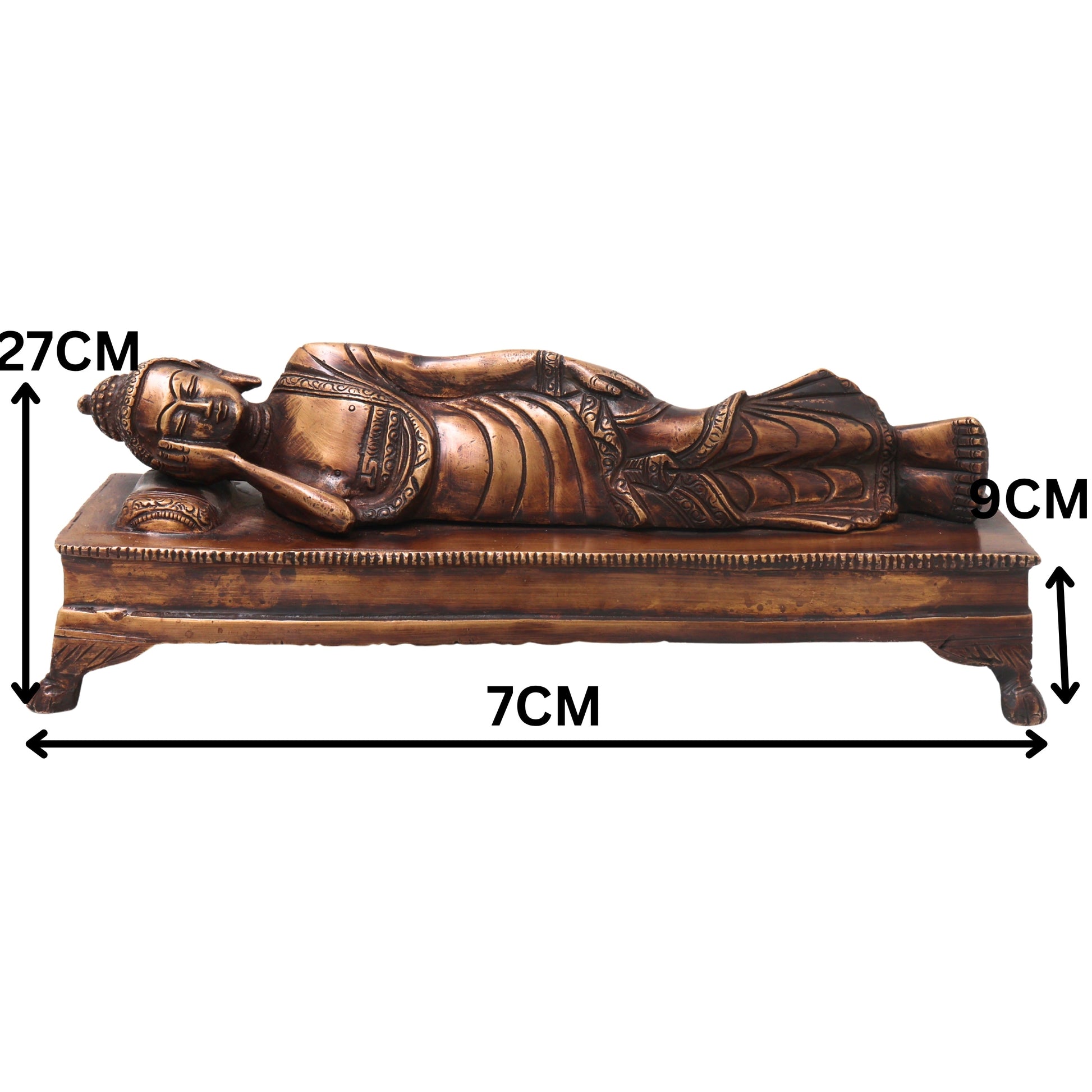 Brass Sleeping Buddha Idol Handcrafted Reclining Nirvana Statue Traditional Buddhist Home Decor Pooja Gift, Gold, 10.5 Inch, 1 Piece