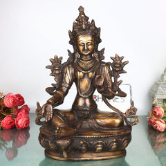 Brass Green Tara Idol Handcrafted Arya Tara Devi Murti Traditional Buddhist Statue for Pooja Home Decor Gifting, Gold, 13.5 Inch, 1 Piece