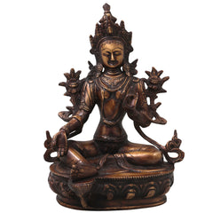 Brass Green Tara Idol Handcrafted Arya Tara Devi Murti Traditional Buddhist Statue for Pooja Home Decor Gifting, Gold, 13.5 Inch, 1 Piece
