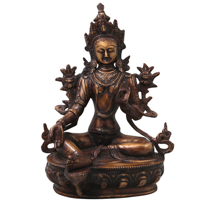 Brass Green Tara Idol Handcrafted Arya Tara Devi Murti Traditional Buddhist Statue for Pooja Home Decor Gifting, Gold, 13.5 Inch, 1 Piece
