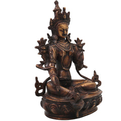 Brass Green Tara Idol Handcrafted Arya Tara Devi Murti Traditional Buddhist Statue for Pooja Home Decor Gifting, Gold, 13.5 Inch, 1 Piece