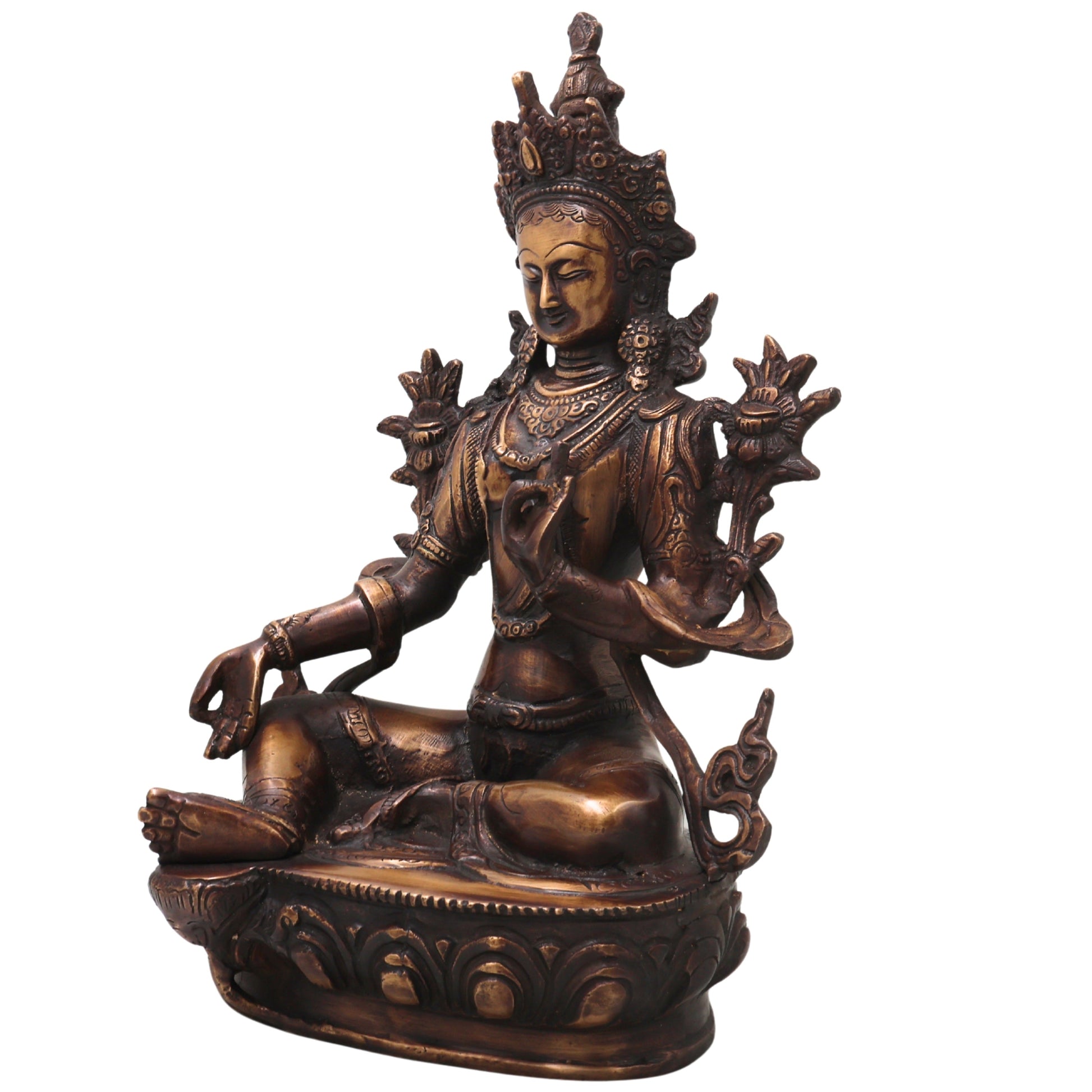 Brass Green Tara Idol Handcrafted Arya Tara Devi Murti Traditional Buddhist Statue for Pooja Home Decor Gifting, Gold, 13.5 Inch, 1 Piece
