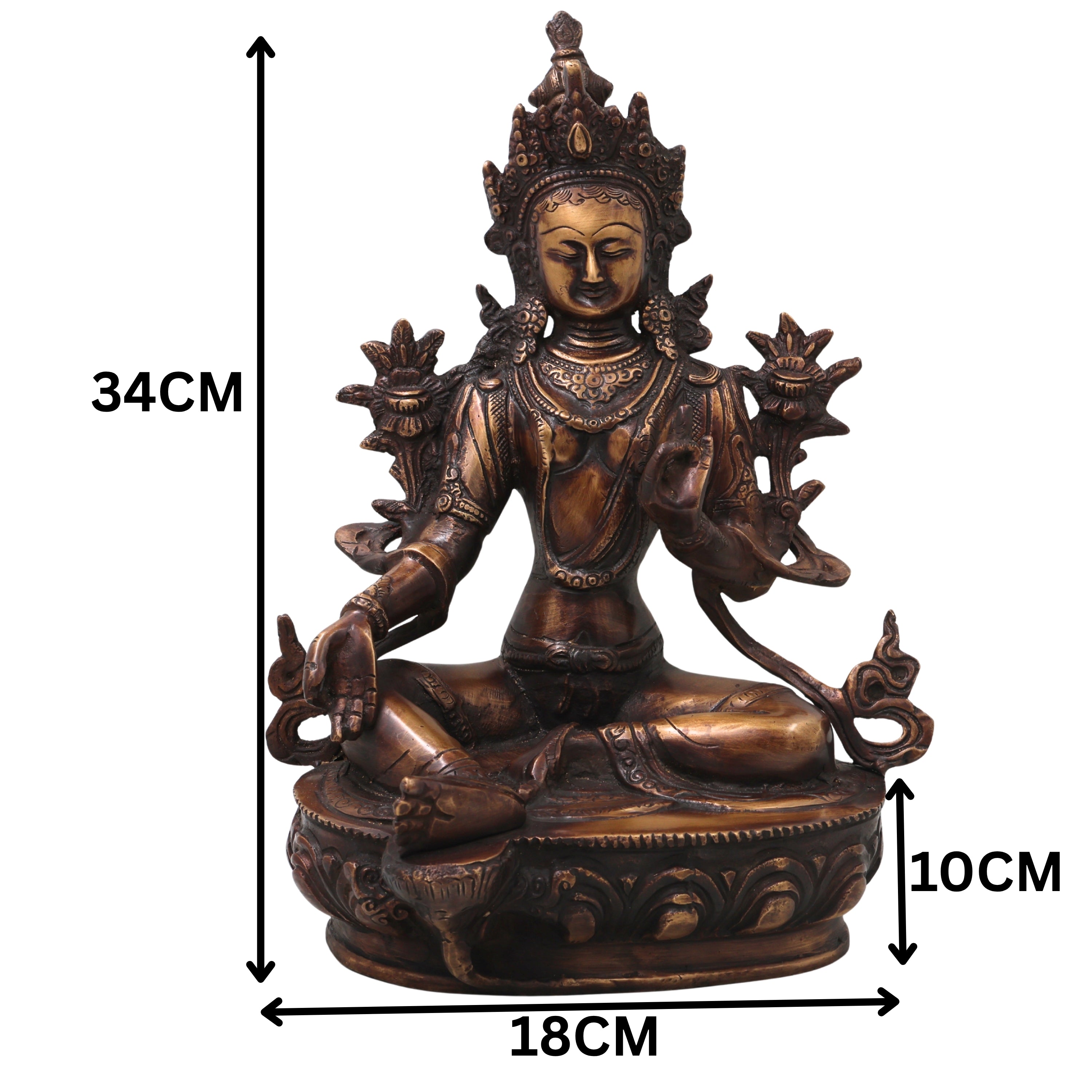 Brass Green Tara Idol Handcrafted Arya Tara Devi Murti Traditional Buddhist Statue for Pooja Home Decor Gifting, Gold, 13.5 Inch, 1 Piece