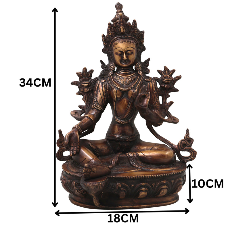 Brass Green Tara Idol Handcrafted Arya Tara Devi Murti Traditional Buddhist Statue for Pooja Home Decor Gifting, Gold, 13.5 Inch, 1 Piece
