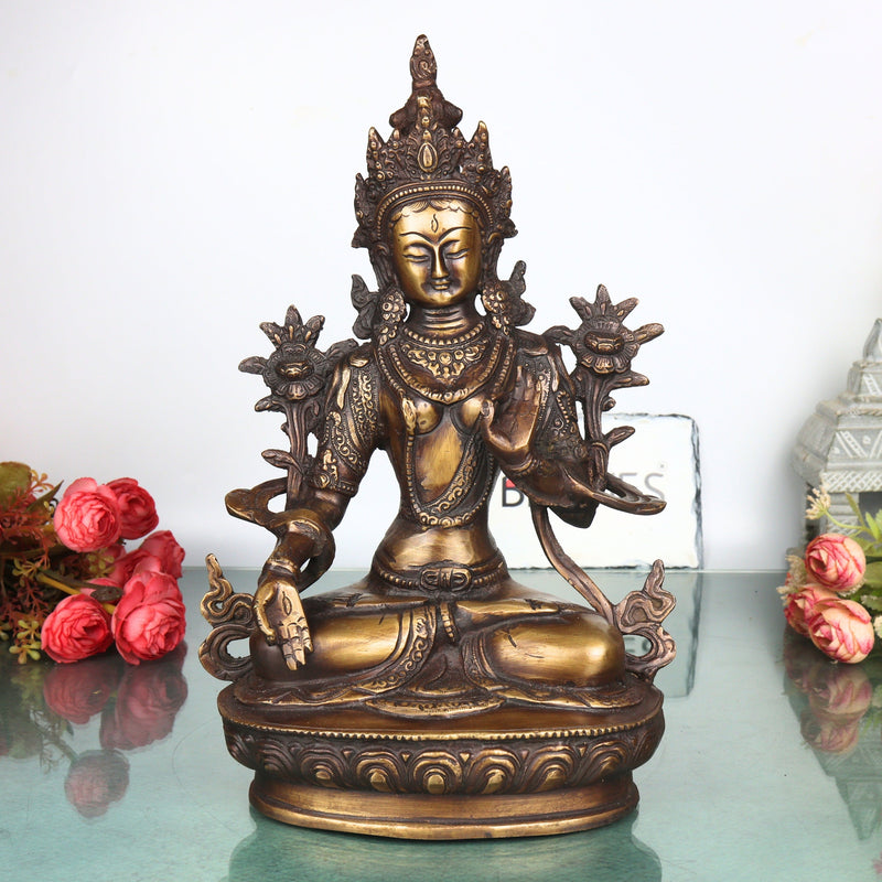 Brass White Tara Idol Murti, Handcrafted  Shveta Tara Devi Traditional Sculpture for Pooja, Decor & Gifting, Gold, 13 Inch, 1 Piece