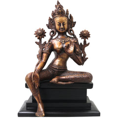 Brass Tara Devi Idol on Wooden Stand, Mahavidya Goddess Murti for Pooja, Decor, Gifting, Handcrafted Chola Art, Gold, 17 Inch, 1 Piece