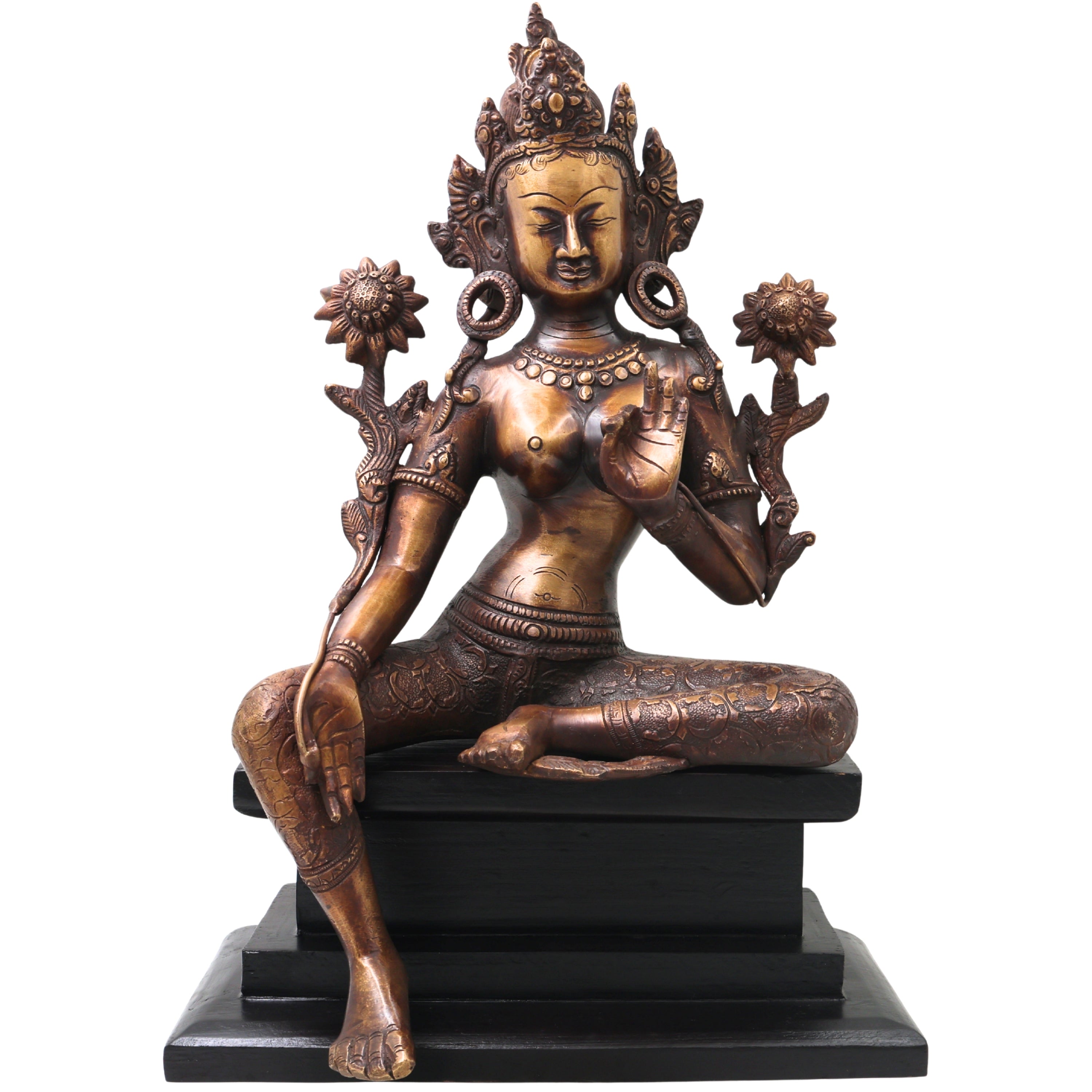 Brass Tara Devi Idol on Wooden Stand, Mahavidya Goddess Murti for Pooja, Decor, Gifting, Handcrafted Chola Art, Gold, 17 Inch, 1 Piece